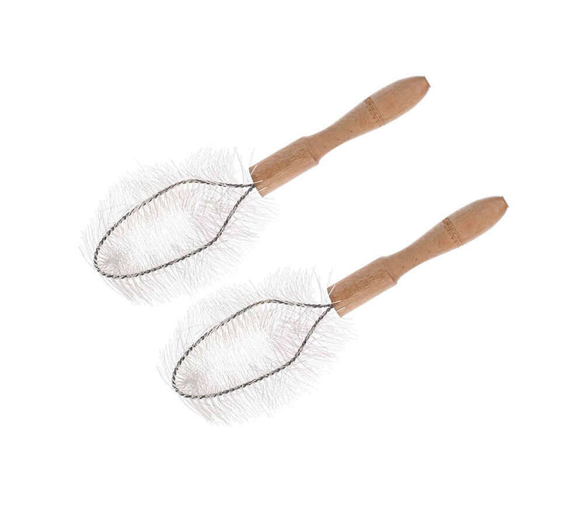 Set of two brushes with hard bristles on wooden handles, ideal for cleaning and maintenance tasks.